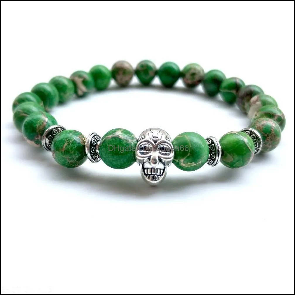 10pc/set selling wholesale 8mm natural gemstone beaded cz skull bangle women health indian agate stone beads bracelet for men
