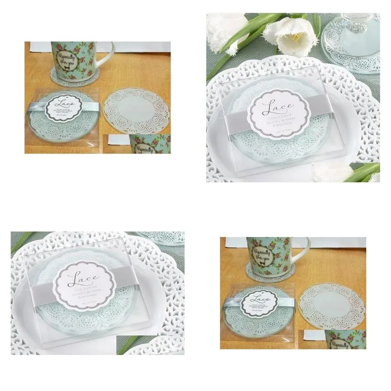 new arrival glass coasters in lace design wedding gifts glass cup 2pcs in one package wedding souvenir party favor