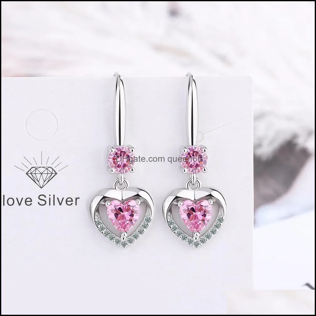 s925 stamp silver plated earrings heart charms blue pink white zircon earring jewelry shiny crystal tassel hoops piercing earrings for women wedding party