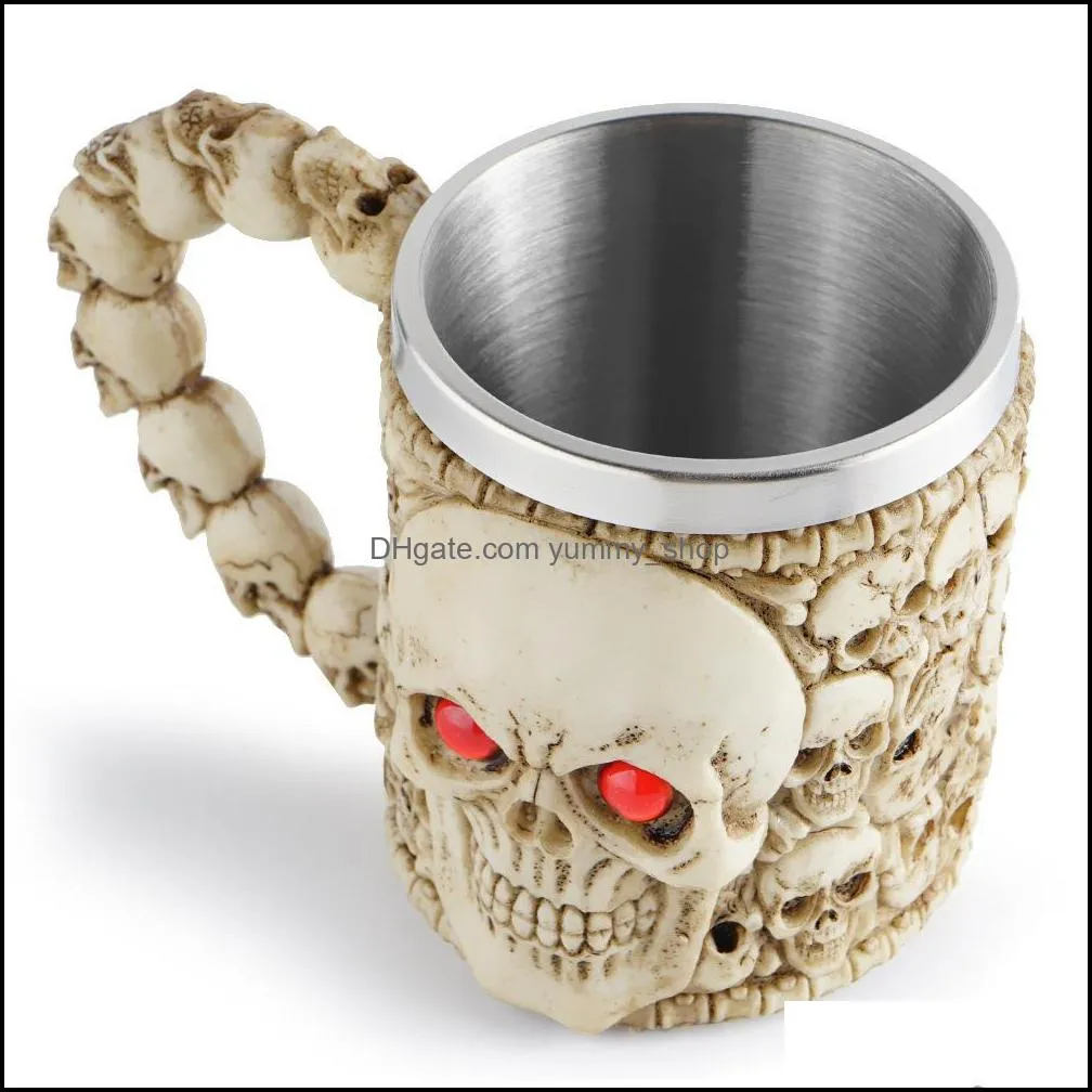 latest skull mugs stainless steel  drinking cup skeleton beer stein tankard coffee mug tea tumbler halloween bar drinkware