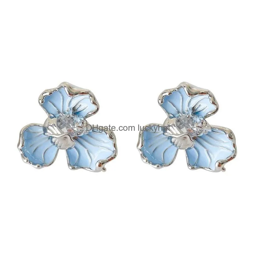 fashion jewelry enamel blue flower stud earrings for women three petal florals earrings