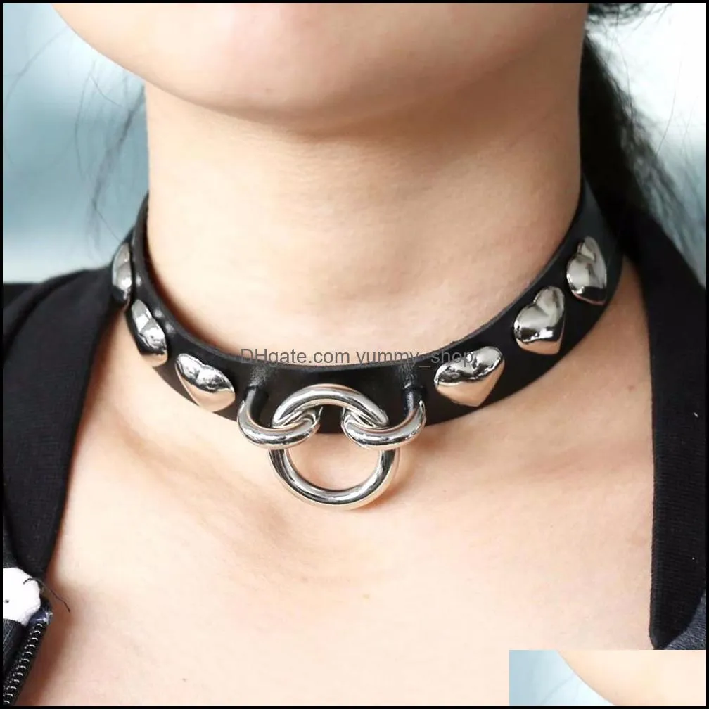fashion chocker gothic jewelry metal round leather heart choker necklace gift for women girls punk rivets neck torques