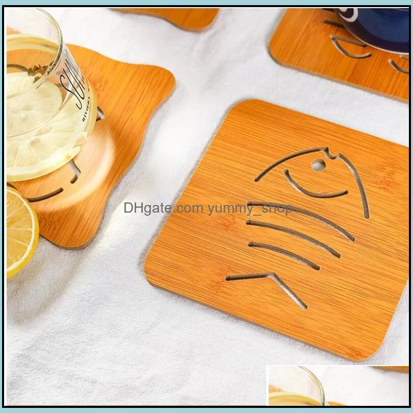 newwooden coasters drink heat resistant pads for dishes pot bowl teapot cup fish bone durable cat cartoon kitchen table coasters