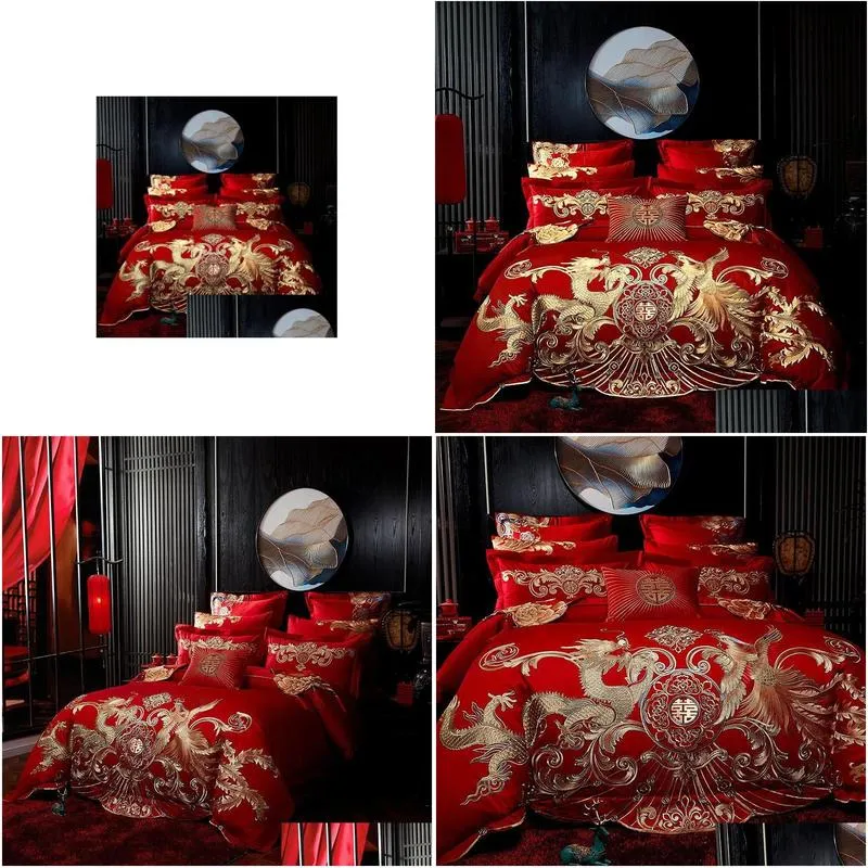 bedding sets red luxury gold phoenix loong embroidery chinese wedding 100 cotton set duvet cover bed sheet bedspread pillowcases