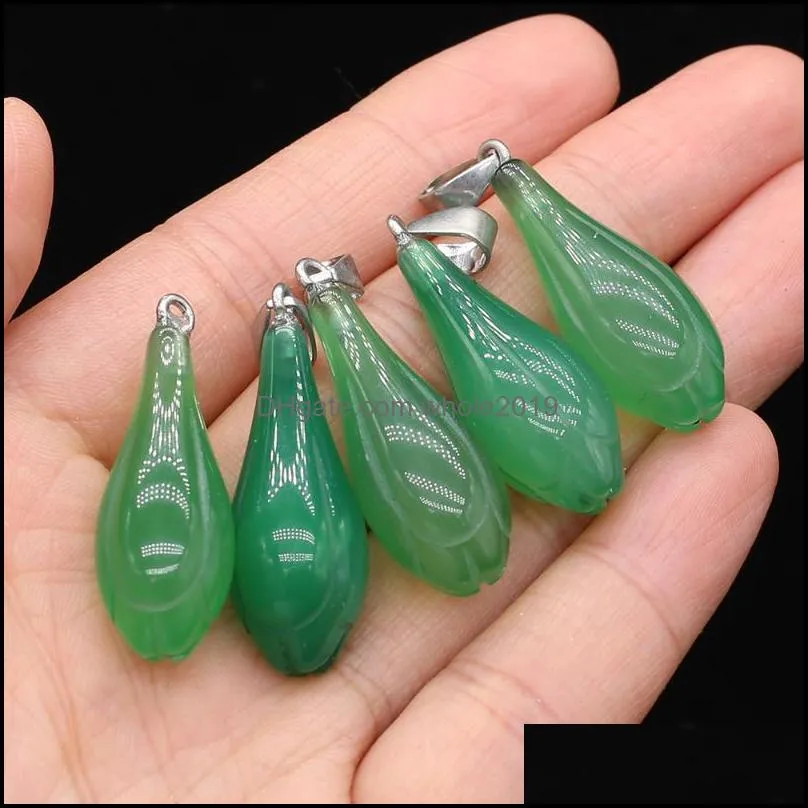 charms 2022 natural stone green agate pendant flower shape onyx for jewelry making diy crafts necklace earring size 12x33mm