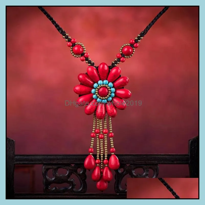 chokers bohemian turquoise handwoven short necklace chain women pendant waterproof wax wire copper female bell fashion