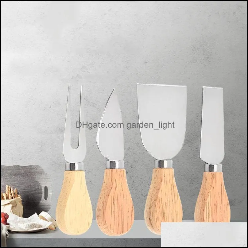 4pcs/set stainless steel cheese knife oak handle cheese slicer wood handle cheese knives fork set bakware baking tools cutter vt2015