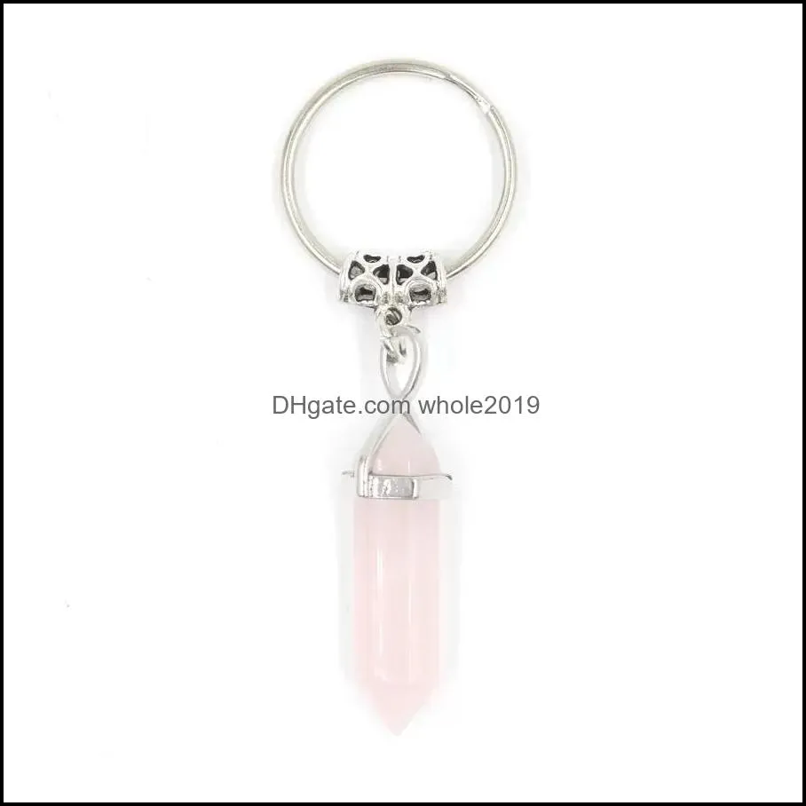 natural stone hexagonal prism key rings keychains healing pink crystal car decor key chain keyholder for women men jewelry