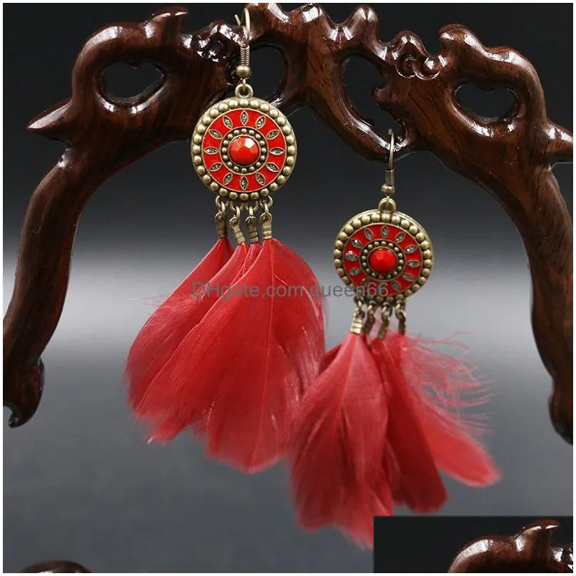 fashion jewelry womens vintage circular glaze fluffy feather tassel long dangle earrings