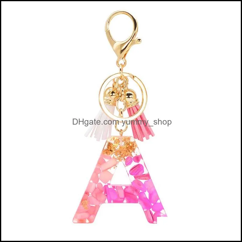 fashion english letter keychain resin pink stone with tassels foil filling pendant key chain handbag charms for woman