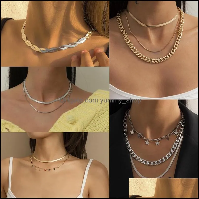 new vintage gold silver multi layer chain choker necklace for women punk style snake chains tassel necklaces 5 styles