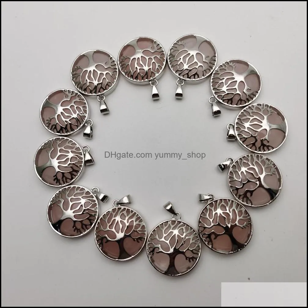 natural stone alloy tree of life rose quartzs crystal necklace pendant for jewelry making charm pendulum accessories wholesale