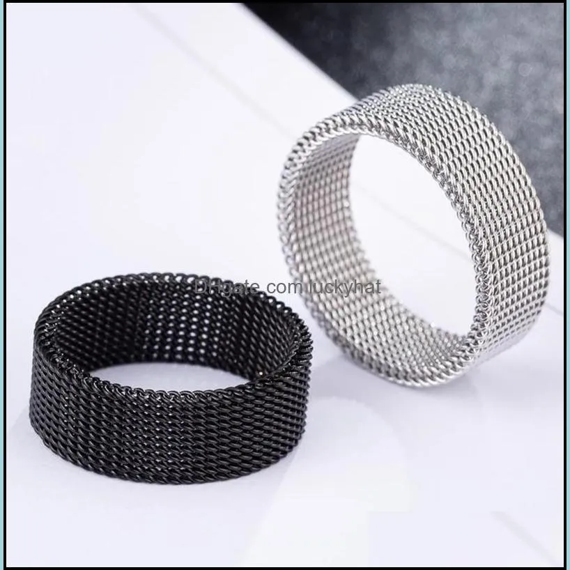 8mm fashion black silver unisex mesh stainless steel ring circle woven women men wedding rings friends gift