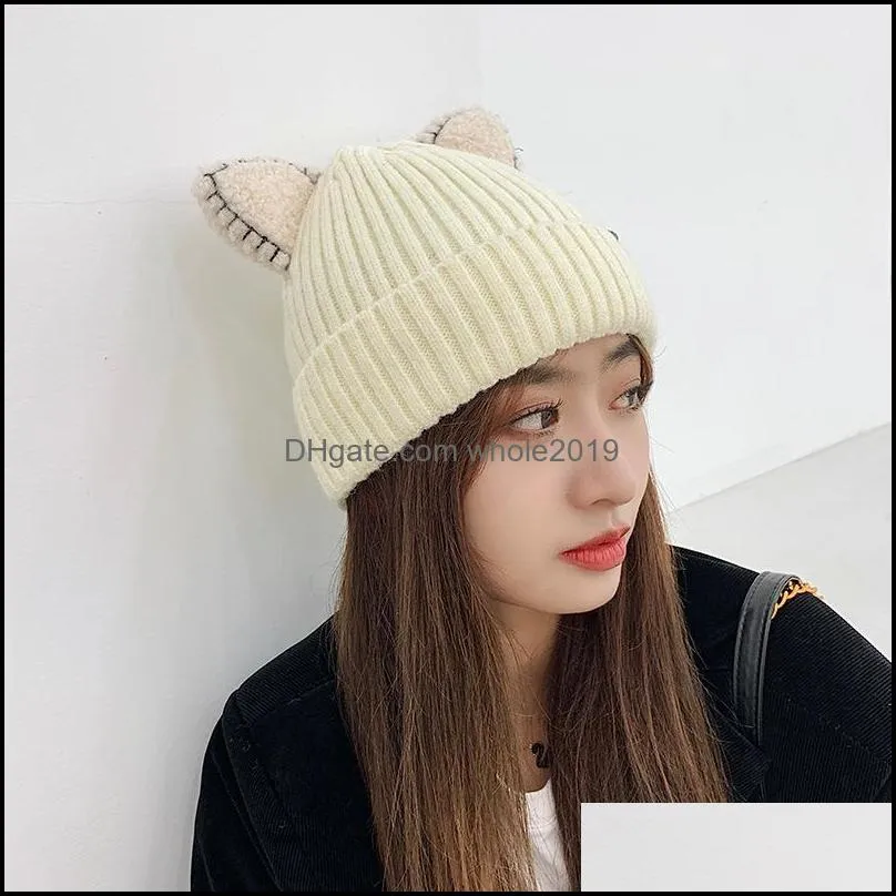 beanie/skull caps cute hat with ears warm female cap knitted winter skullies 2021 women outdoor beanies panama lady