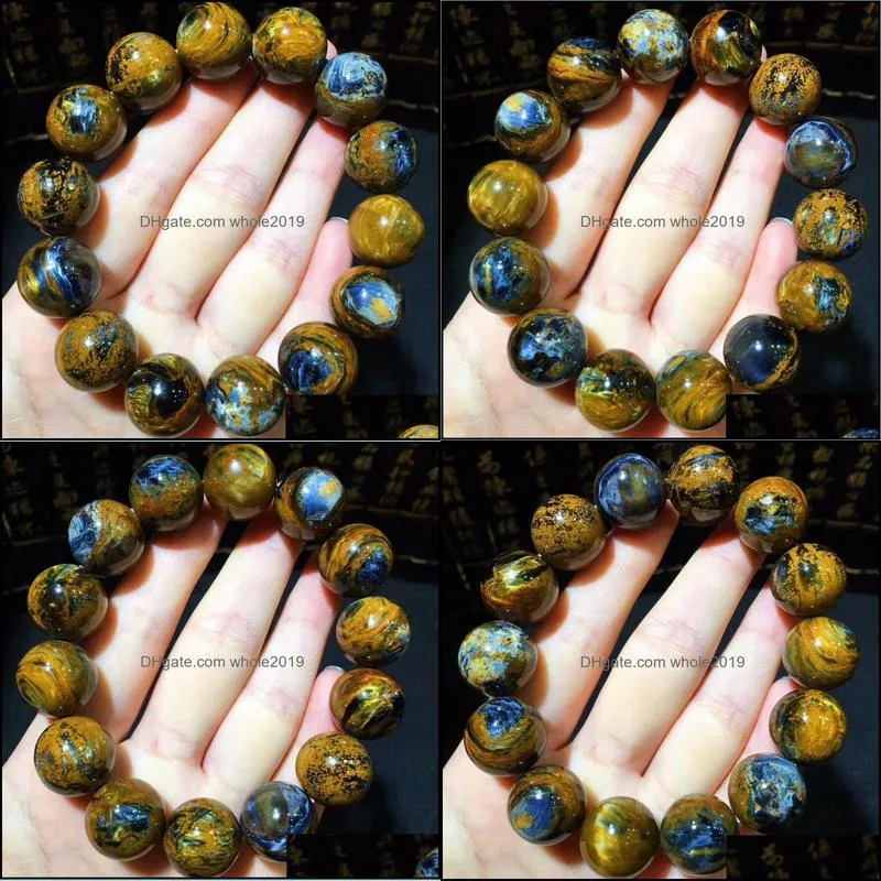 beaded strands genuine natural yellow fire pietersite charm round beads powerful reiki bracelet women men 16mm certificate