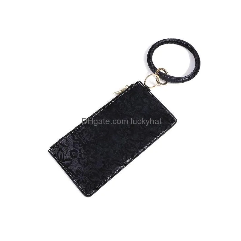 women girls pu leather bracelet key ring bangle keyring ring circle keychain wristlet keyrings jewelry with wallet