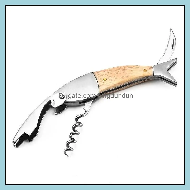 multifunction corkscrew wine opener fish shape bottle 3d shape wood handle tool accessories rrb14990