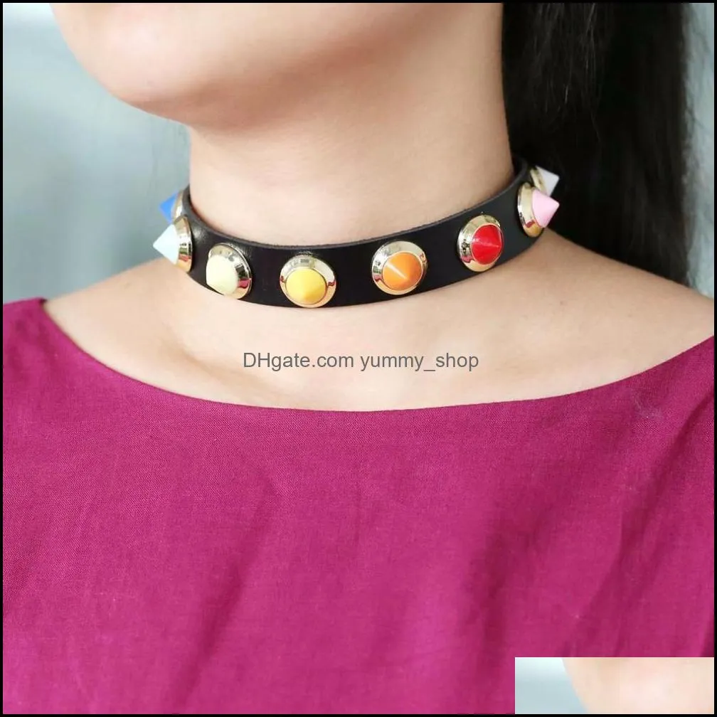 handmade leather candy color rivets spikes choker necklace women gothic chocker statement necklace punk jewelry