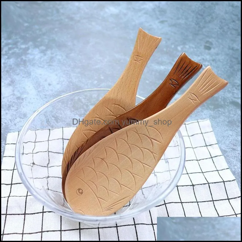 wooden fish shape soup spoon with pattern soups spoons thickened rice scoop hotel dining room cooking scoops kitchen tool rrb14709