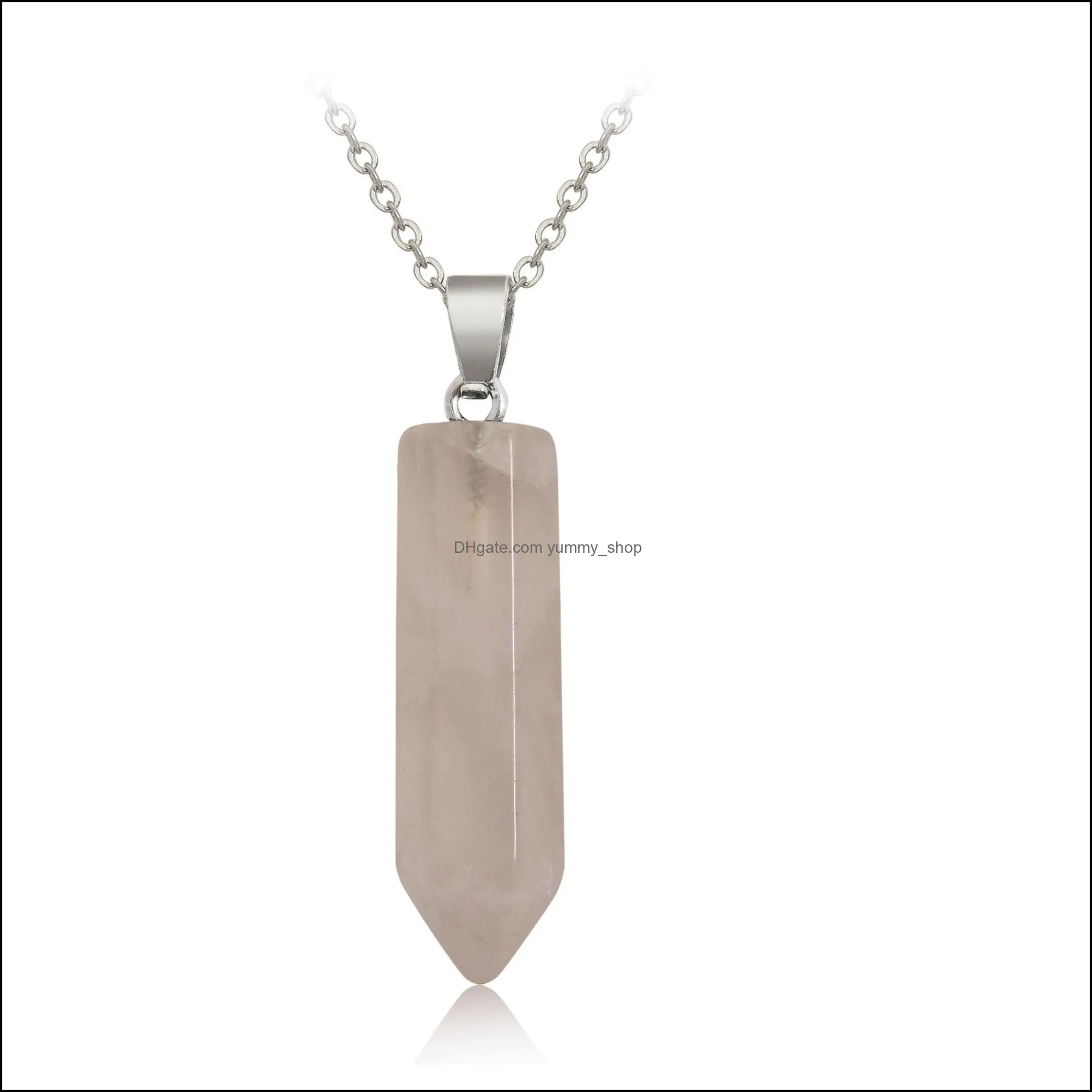 hexagonal crystal opal pink purple quartz natural stone pendant 7 chakra necklace with 45cm stainless steel chain