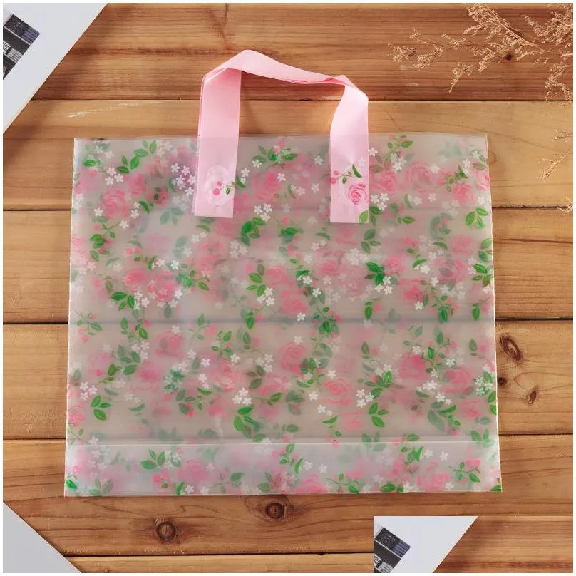 clear plastic shopping carrier bags with handle gift boutique packaging floral rose printed large cute 5 sizes lz1177