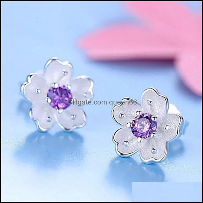 cherry blossom crystal earrings ladies brilliant small  temperament silver stud earrings handmade diamond earrings
