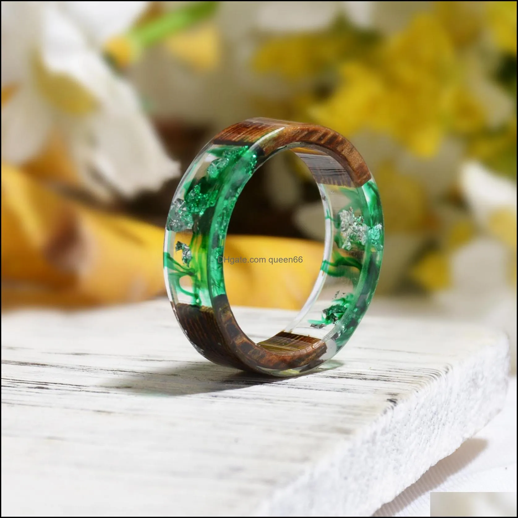 wood resin ring transparent epoxy resin ring fashion handmade dried flower wedding jewelry love ring for women
