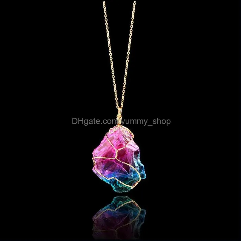 fashion colorful brazilian irregular natural stone quartz crystal pendant necklace for women gold chain necklace jewelry