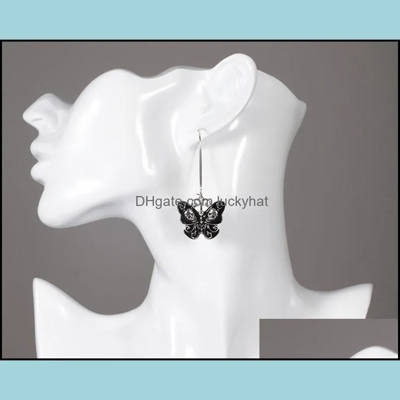 personality charm earring individual creativity black butterfly wings inlaid with skulls long pendant earrings gifts for women jewelry