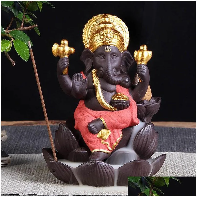 4 colors ceramic ganesha elephant god buddha statues backflow incense burner home office incense cones dhs