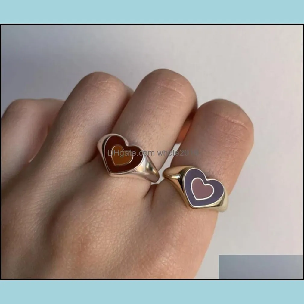 ins double layer love heart ring vintage drop oil metal heart rings for women girls fashion jewelry