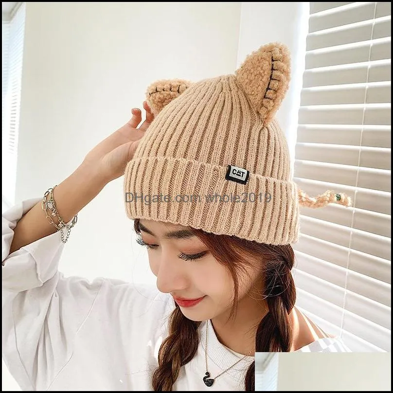 beanie/skull caps cute hat with ears warm female cap knitted winter skullies 2021 women outdoor beanies panama lady