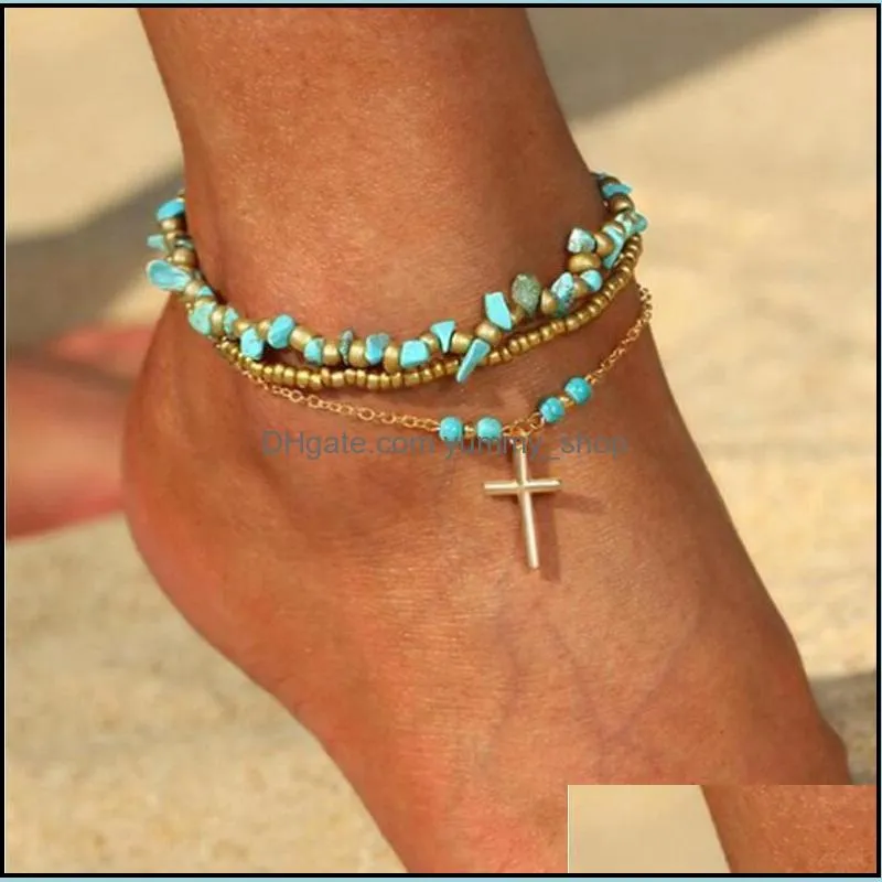 fashion gold beads natural stone cross drop anklets set for women girls boho leg bracelet foot jewelry wholesale