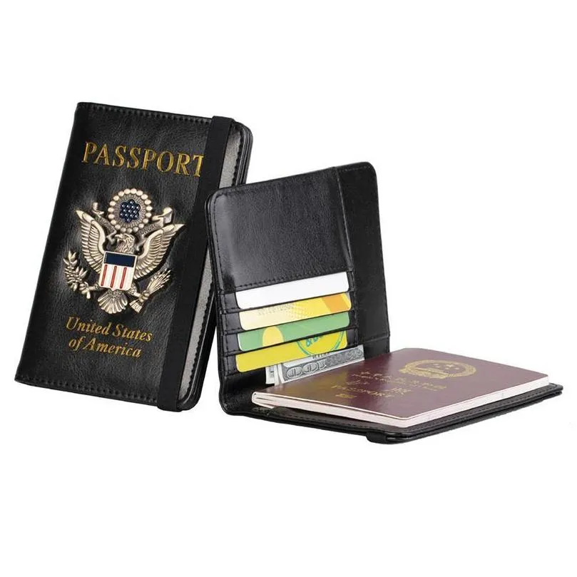 portable passport holder print pu leather wallet change purse with elastic cord for women men storage bags