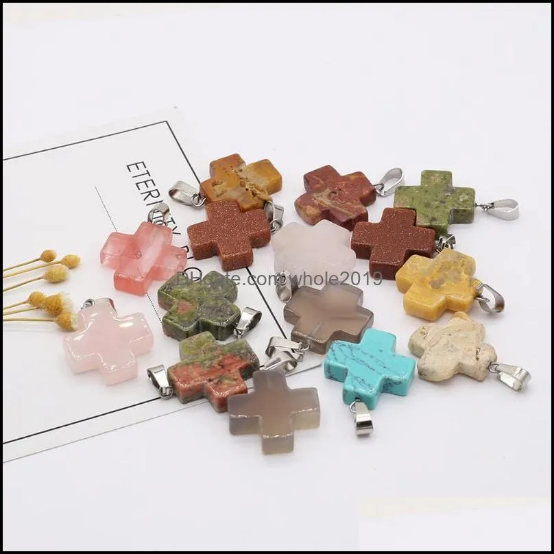 charms 2022 natural semiprecious stone crystal rough quartz mineral agate gem cross pendant for making diy necklace accessories
