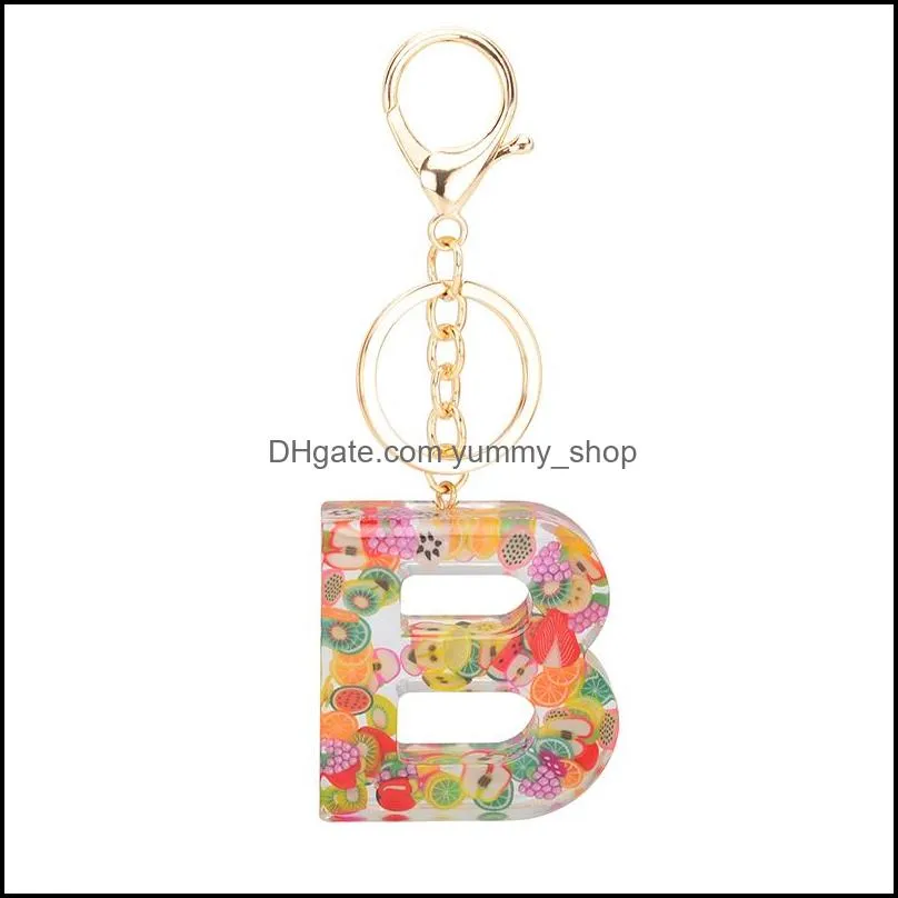 26 english resin letters keychain for women cute fruit series pendant bag charms european popular car key ring jewelry