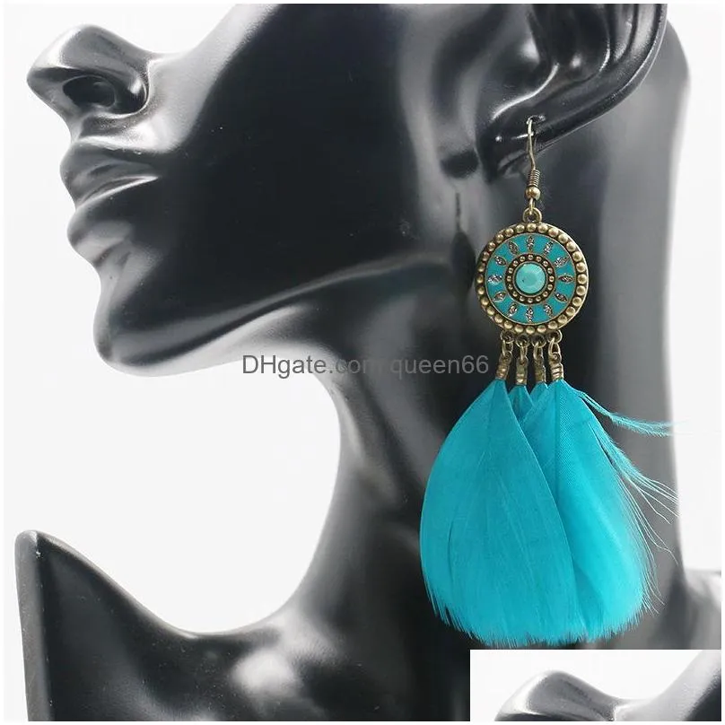 fashion jewelry womens vintage circular glaze fluffy feather tassel long dangle earrings
