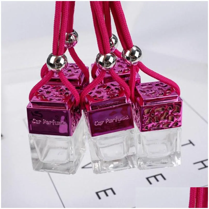 square shape glass car perfume bottles pendant 6ml perfumes empty hanging cars diffuser bottle 4 colors