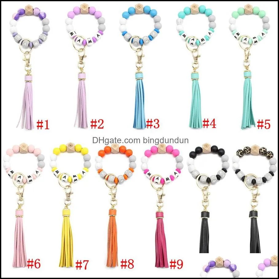 party favor letter silicone bead bracelets tassel key chain pendant womens jewelry bag accessories mothers day gift rra4535