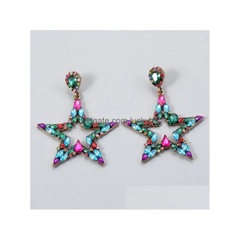 fashion jewelry hollwed five star diamond dangle earrings colorful rhinstone stud earring