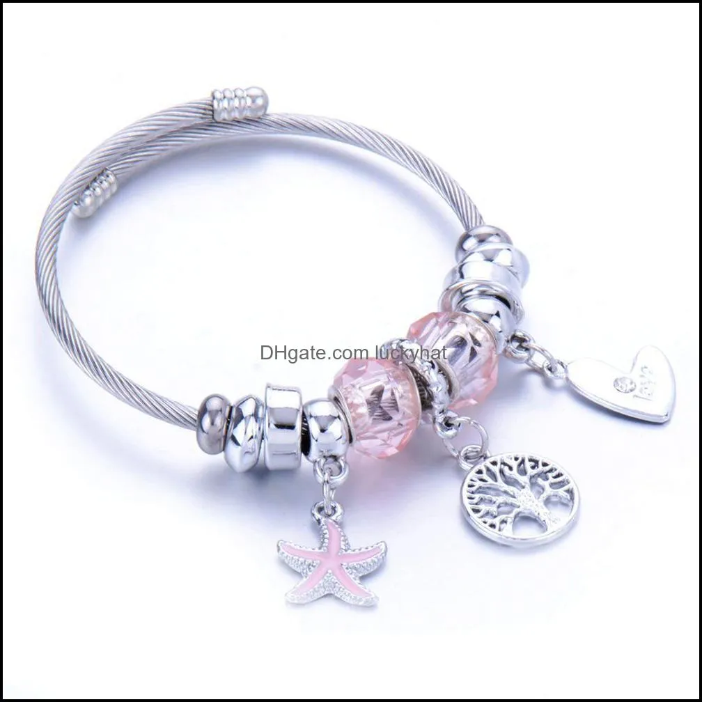 fashion crystal charms bracelets bangles stainless steel flower couple love animal starfish pendant adjustable bracelet jewelry for