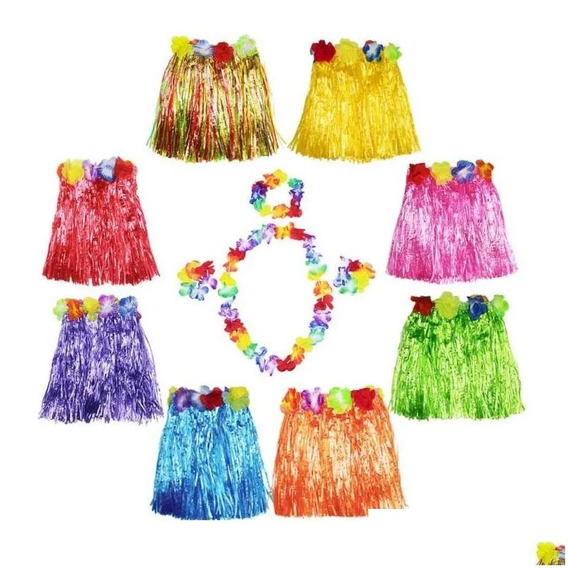30 sets 30cm hawaiian hula grass skirt add 4pc lei set for child luau fancy dress costume party beach flower garland set za1581