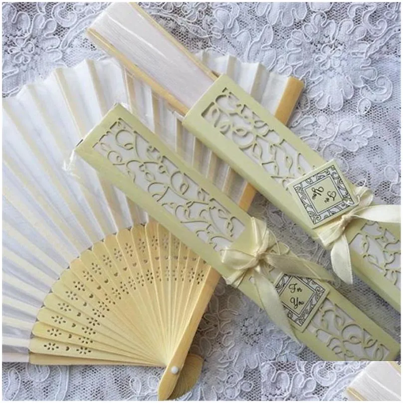 luxurious silk fold hand fan in elegant lasercut gift box addparty favors wedding baby shower gifts fast shipping f2017530