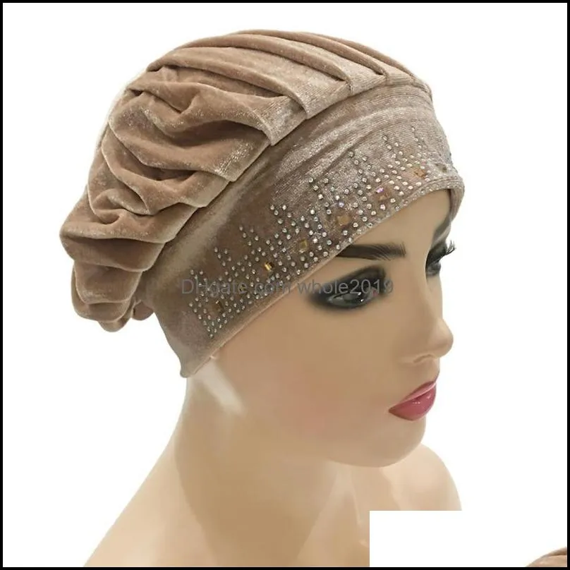 beanie/skull caps winter velvet inner muslim drilling hijab for women ethnic islamic wrap head hat ready to wear hair loss bonnets