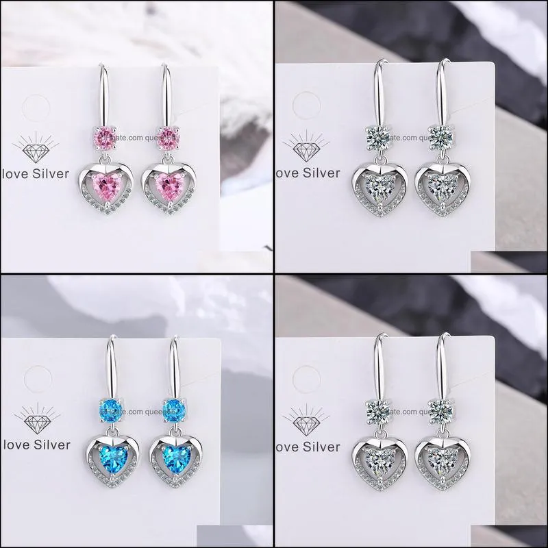 s925 stamp silver plated earrings heart charms blue pink white zircon earring jewelry shiny crystal tassel hoops piercing earrings for women wedding party