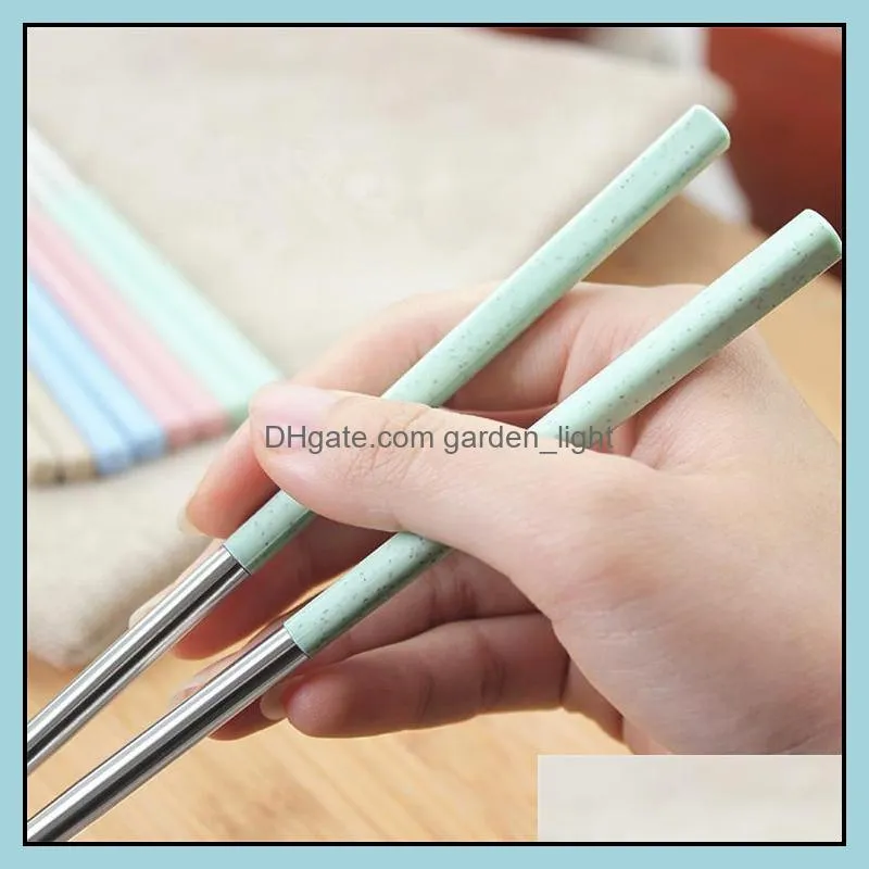 ecofriendly silver chopsticks stainless steel 304 with plastic wheat straw handle 4 colors chinese chopsticks wholesale