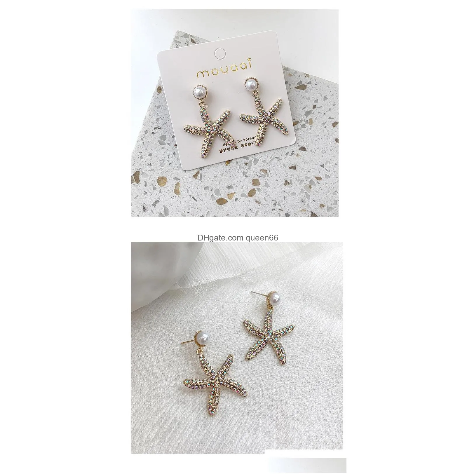 fashion jewelry s925 sliver post earrings rhinstone starfish dangle faux pearl stud earrings