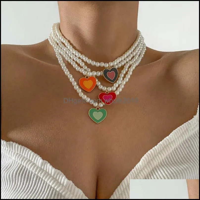 chokers fashion colorful love heart pearl necklace for women friends couples rainbow chain choker necklaces lovers jewelry