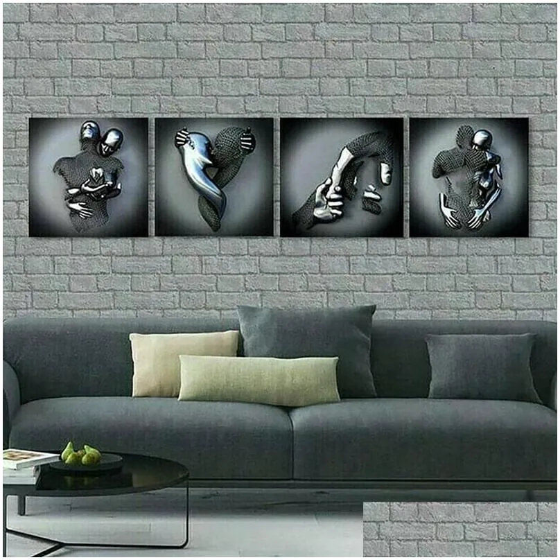 paintings 4pcs love heart 3d effect wall art abstract metal figure statue art canvas painting 19.7 inch modern home decor