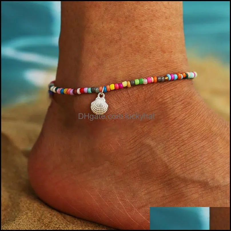 hot selling summer bohemian style color beaded anklet retro alloy scallop pendant foot chain